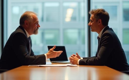 Två personer i en formell diskussion över ett bord, symboliserande arbetsrelationer.